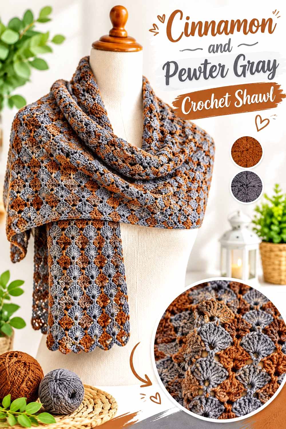 13. Cinnamon And Pewter Gray Crochet Shawl