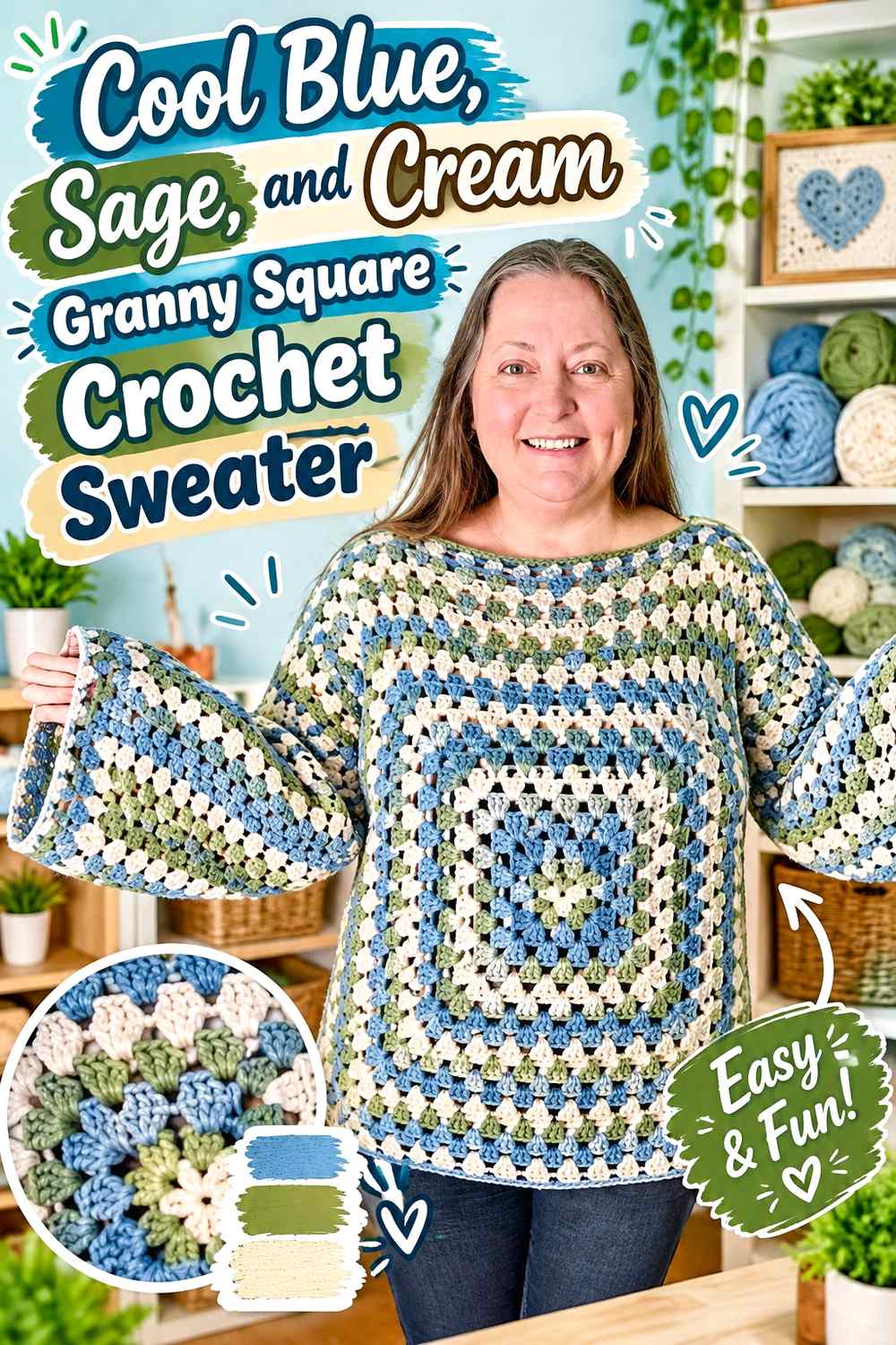 14. Cool Blue Sage And Cream Granny Square Crochet Sweater