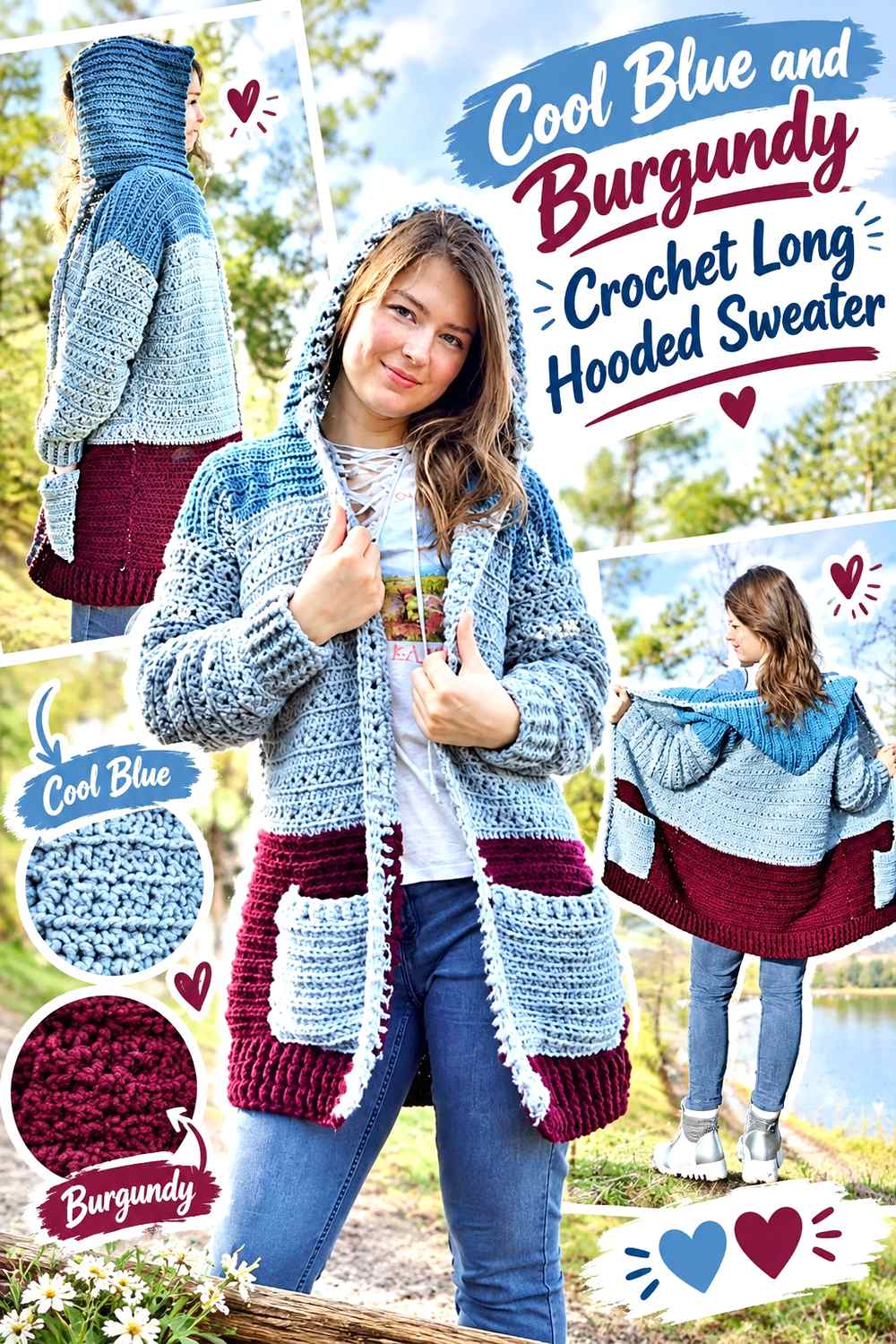 8. Cool Blue And Burgundy Crochet Long Hooded Sweater