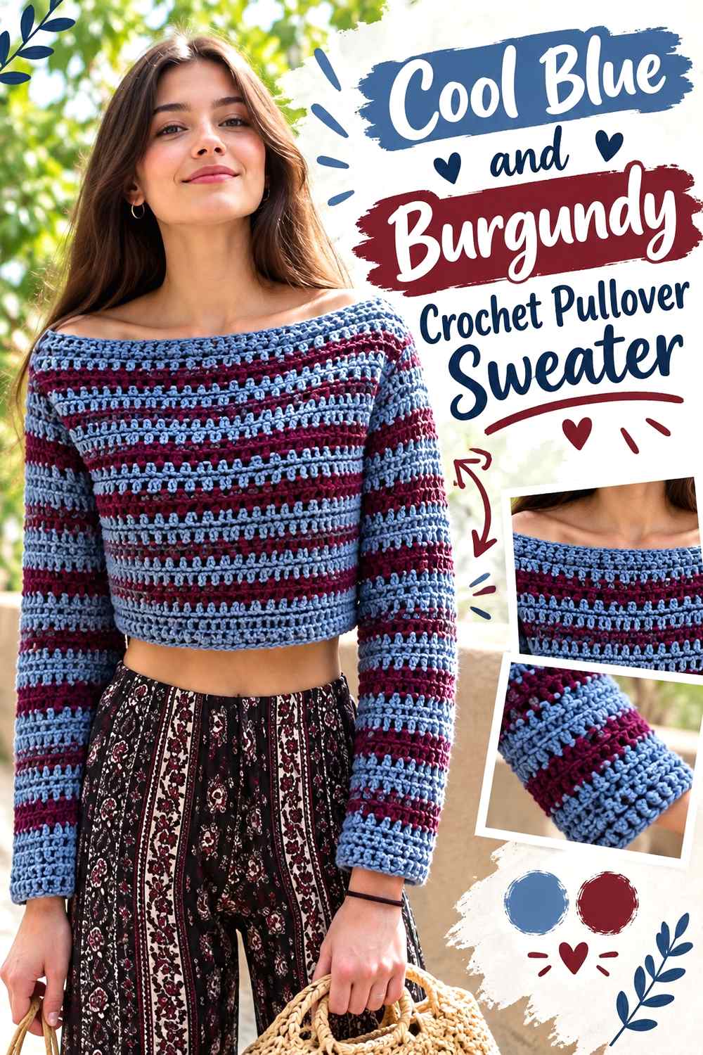 10. Cool Blue And Burgundy Crochet Pullover Sweater