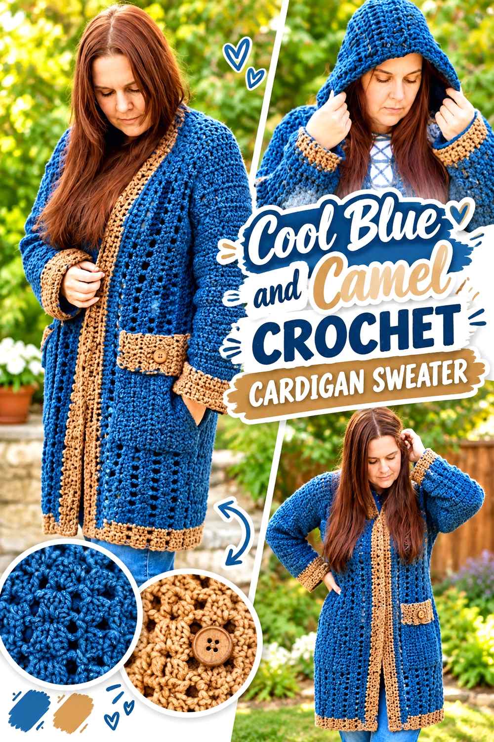8. Cool Blue And Camel Crochet Cardigan Sweater