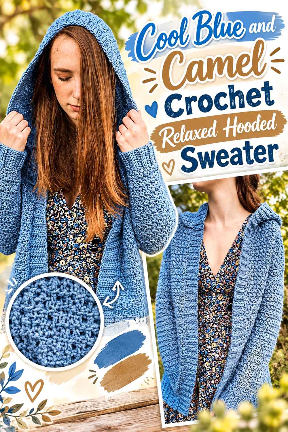 9. Cool Blue And Camel Crochet Relaxed Hooded Sweater