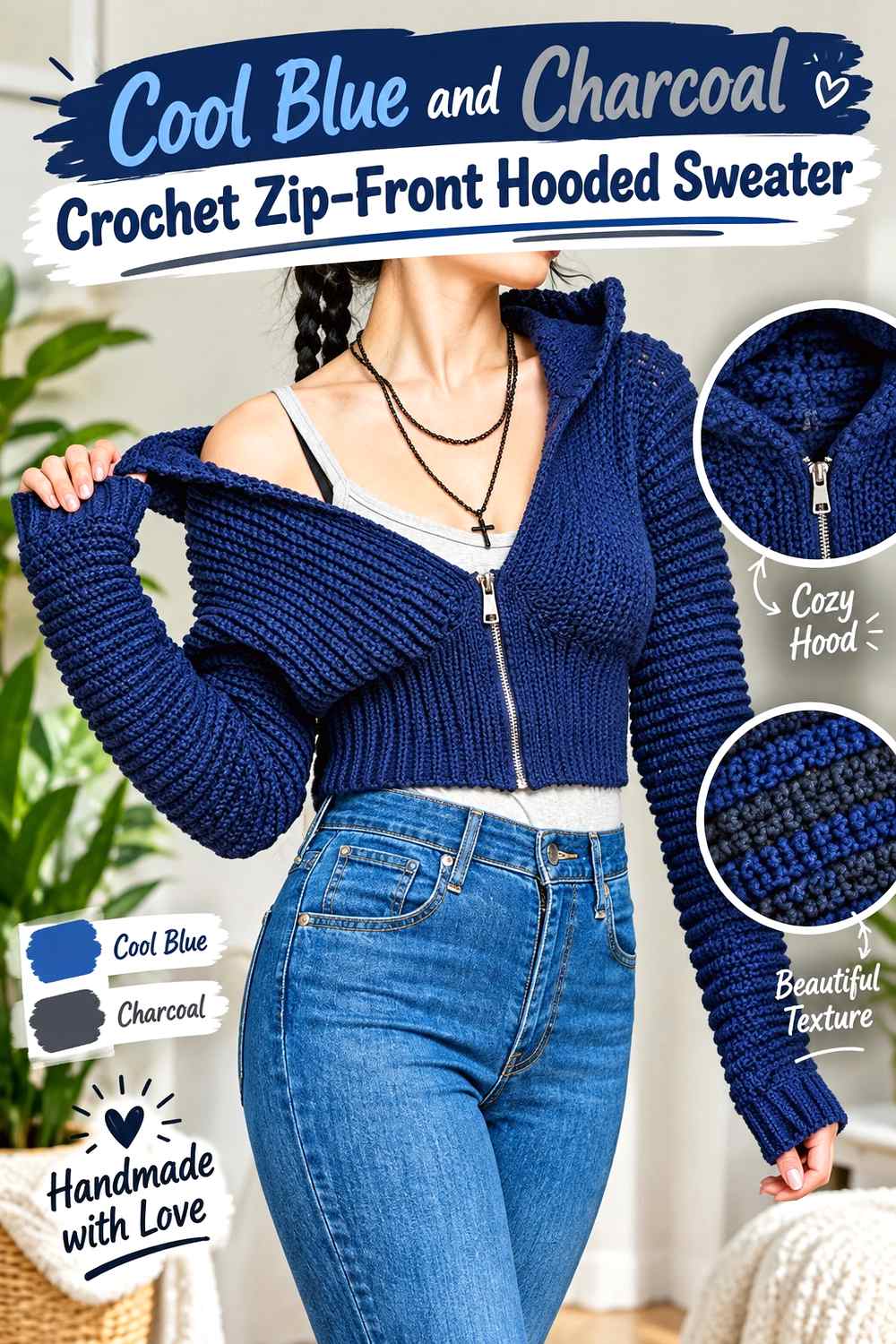 5. Cool Blue And Charcoal Crochet Zip Front Hooded Sweater