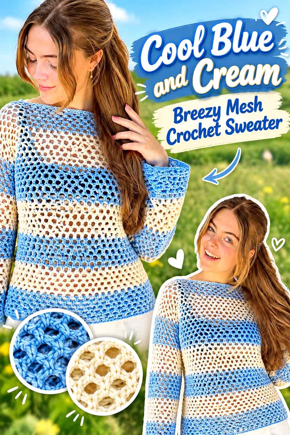6. Cool Blue And Cream Breezy Mesh Crochet Sweater