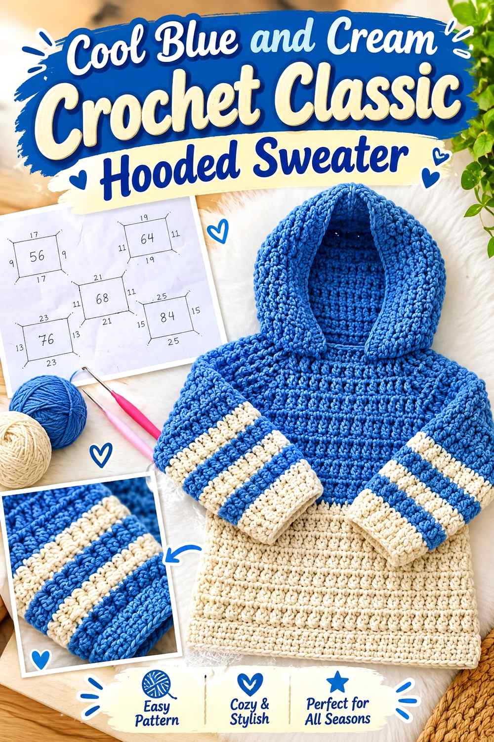 6. Cool Blue And Cream Crochet Classic Hooded Sweater