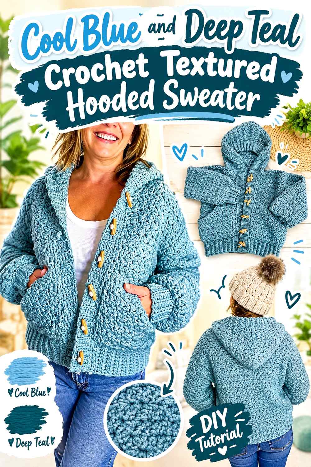 10. Cool Blue And Deep Teal Crochet Textured Hooded Sweater