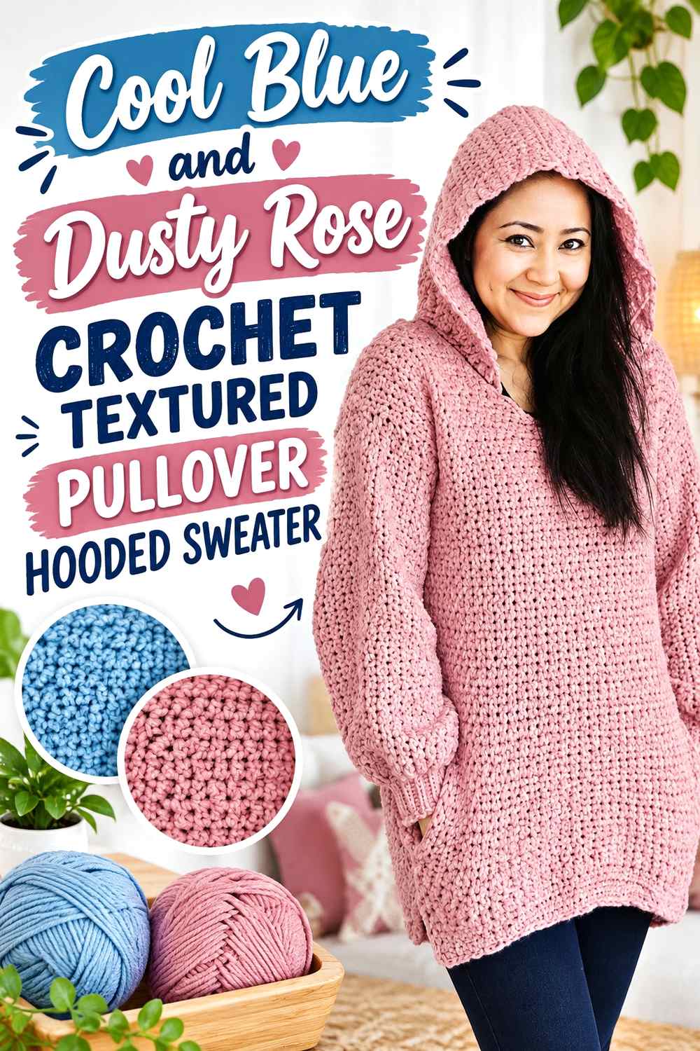 12. Cool Blue And Dusty Rose Crochet Textured Pullover Hooded Sweater