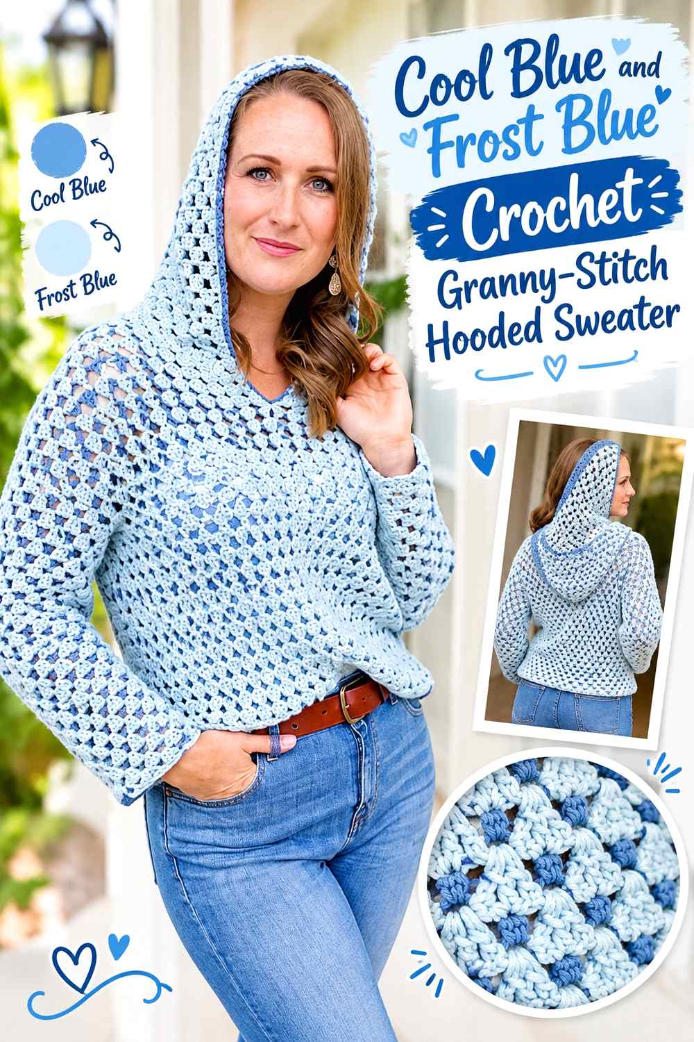 4. Cool Blue And Frost Blue Crochet Granny Stitch Hooded Sweater