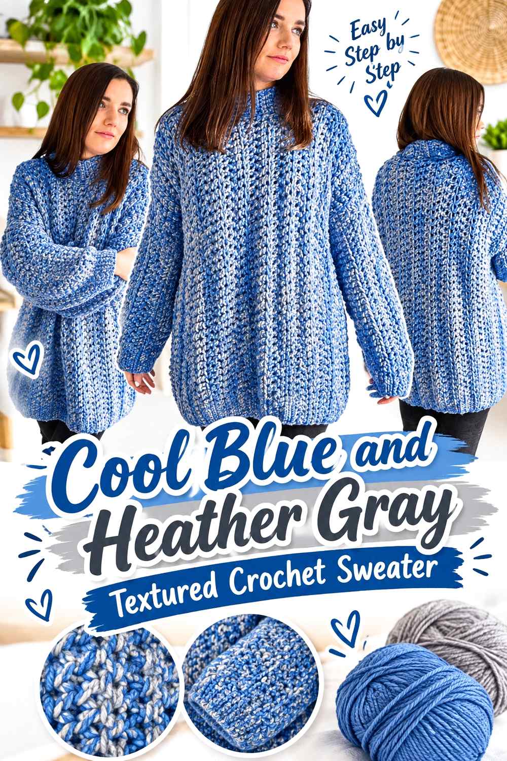 12. Cool Blue And Heather Gray Textured Crochet Sweater