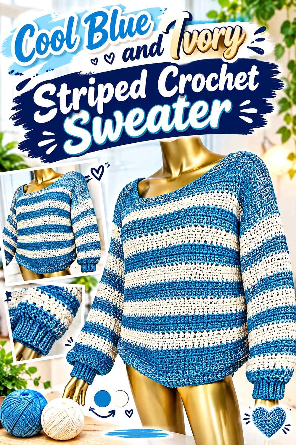 11. Cool Blue And Ivory Striped Crochet Sweater