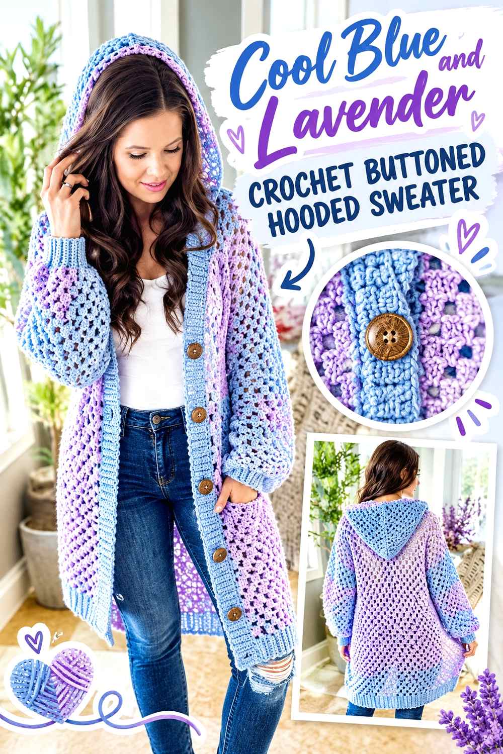 7. Cool Blue And Lavender Crochet Buttoned Hooded Sweater