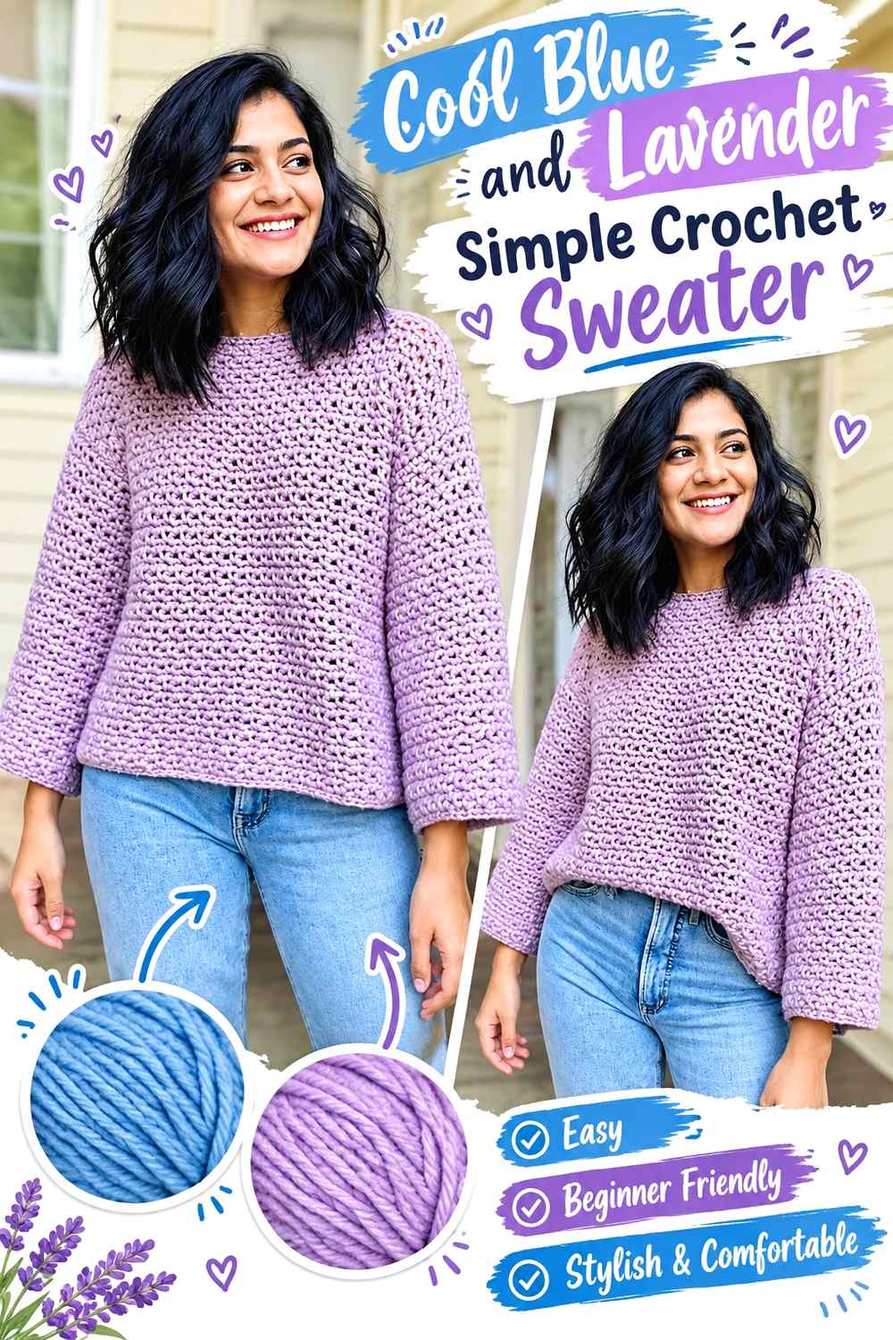 7. Cool Blue And Lavender Simple Crochet Sweater