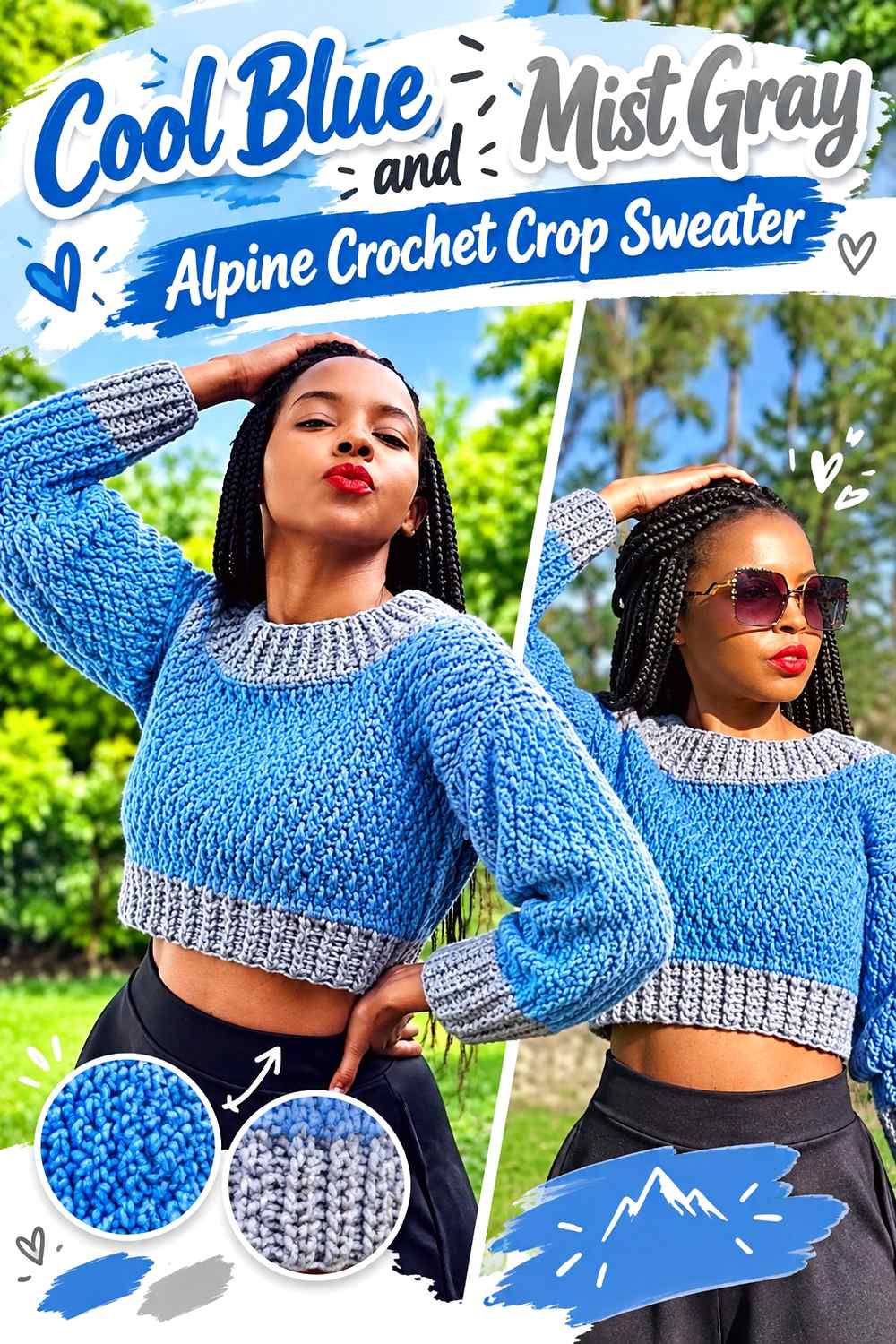 3. Cool Blue And Mist Gray Alpine Crochet Crop Sweater