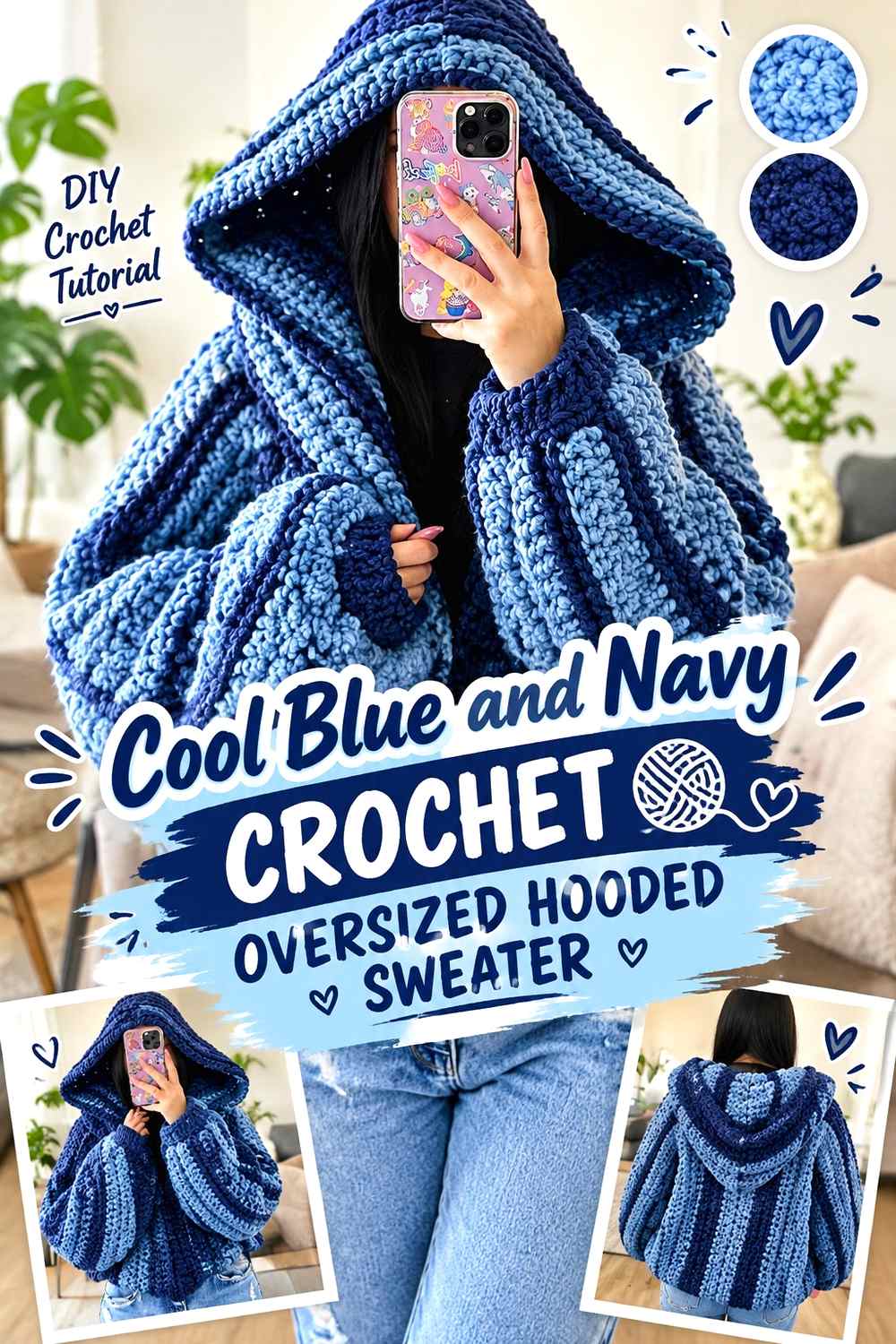 2. Cool Blue And Navy Crochet Oversized Hooded Sweater
