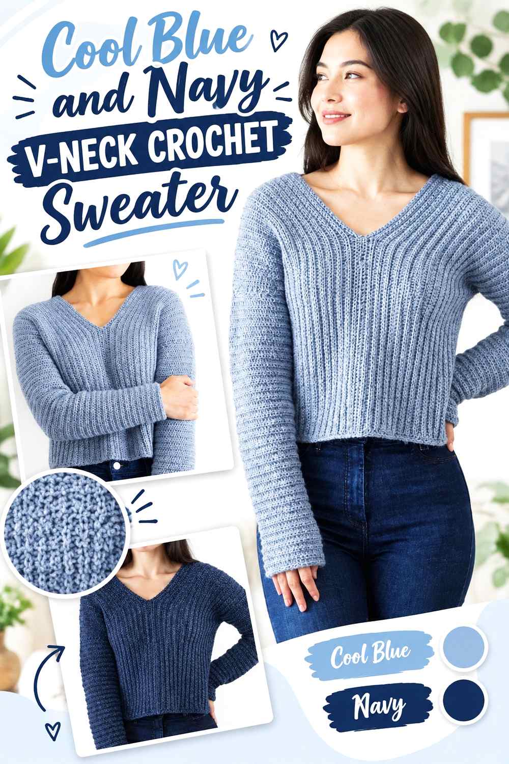 2. Cool Blue And Navy V Neck Crochet Sweater