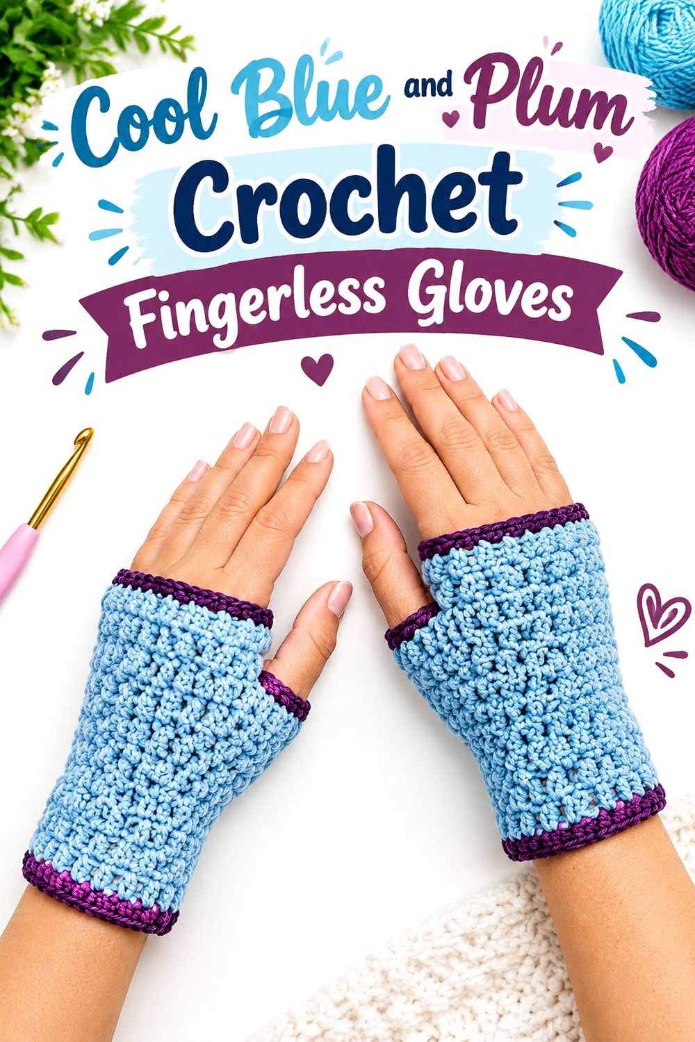 16. Cool Blue And Plum Crochet Fingerless Gloves