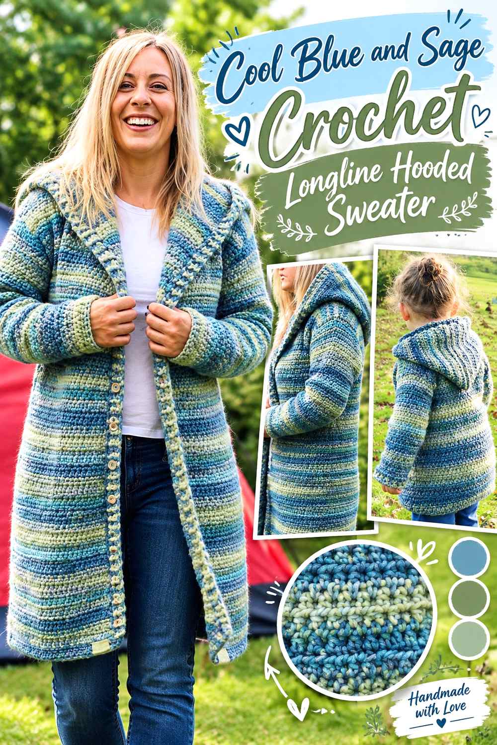11. Cool Blue And Sage Crochet Longline Hooded Sweater