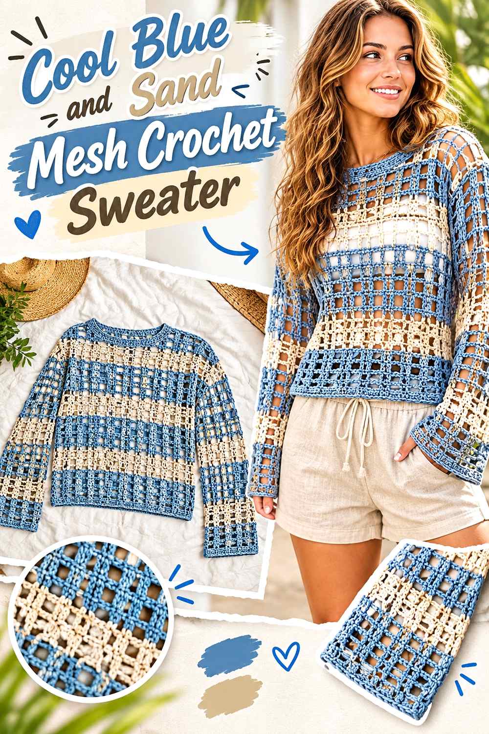9. Cool Blue And Sand Mesh Crochet Sweater