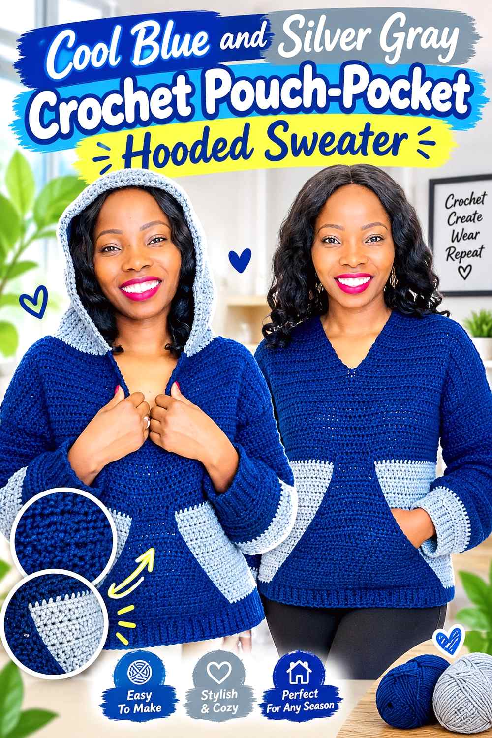 3. Cool Blue And Silver Gray Crochet Pouch Pocket Hooded Sweater