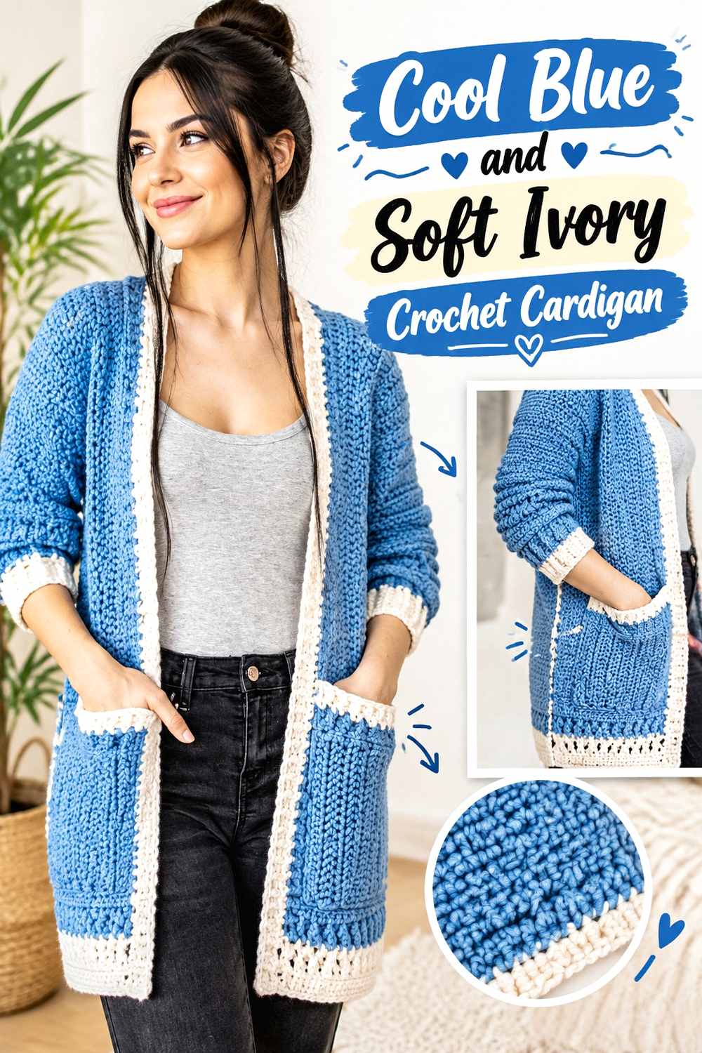 1. Cool Blue And Soft Ivory Crochet Cardigan