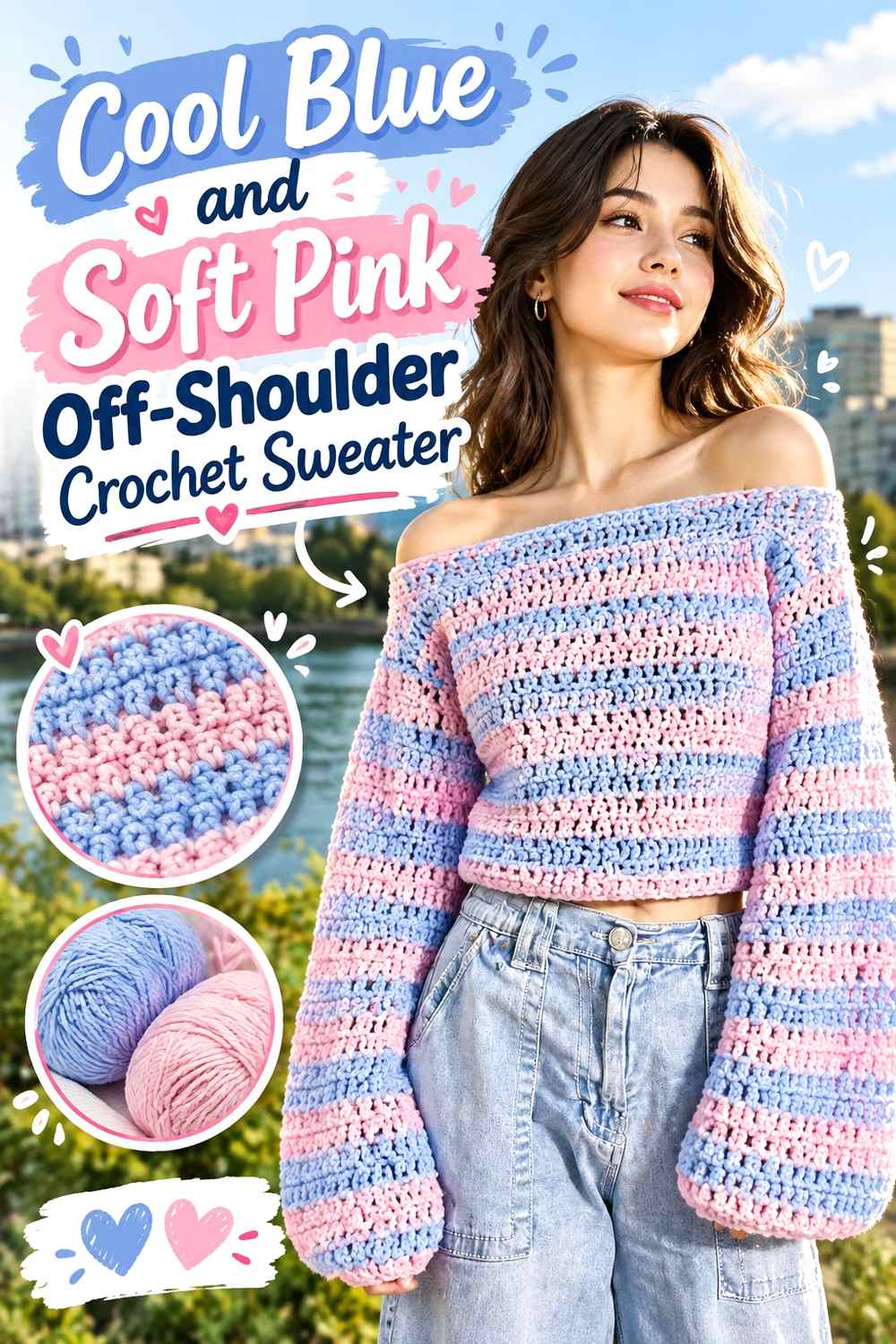 4. Cool Blue And Soft Pink Off Shoulder Crochet Sweater