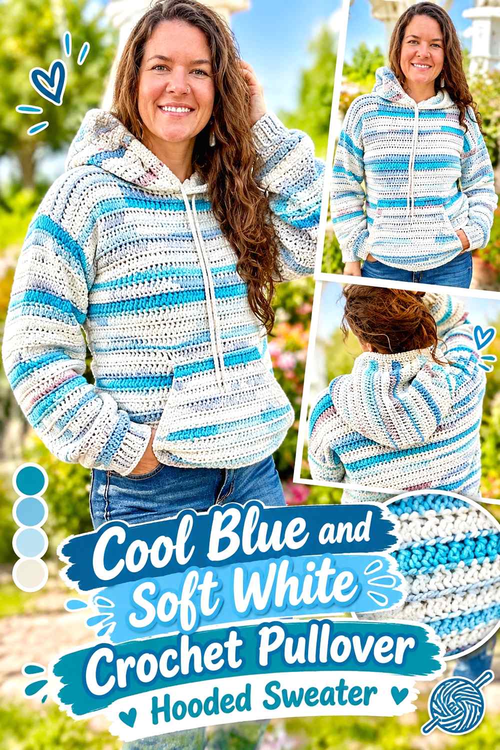 1. Cool Blue And Soft White Crochet Pullover Hooded Sweater