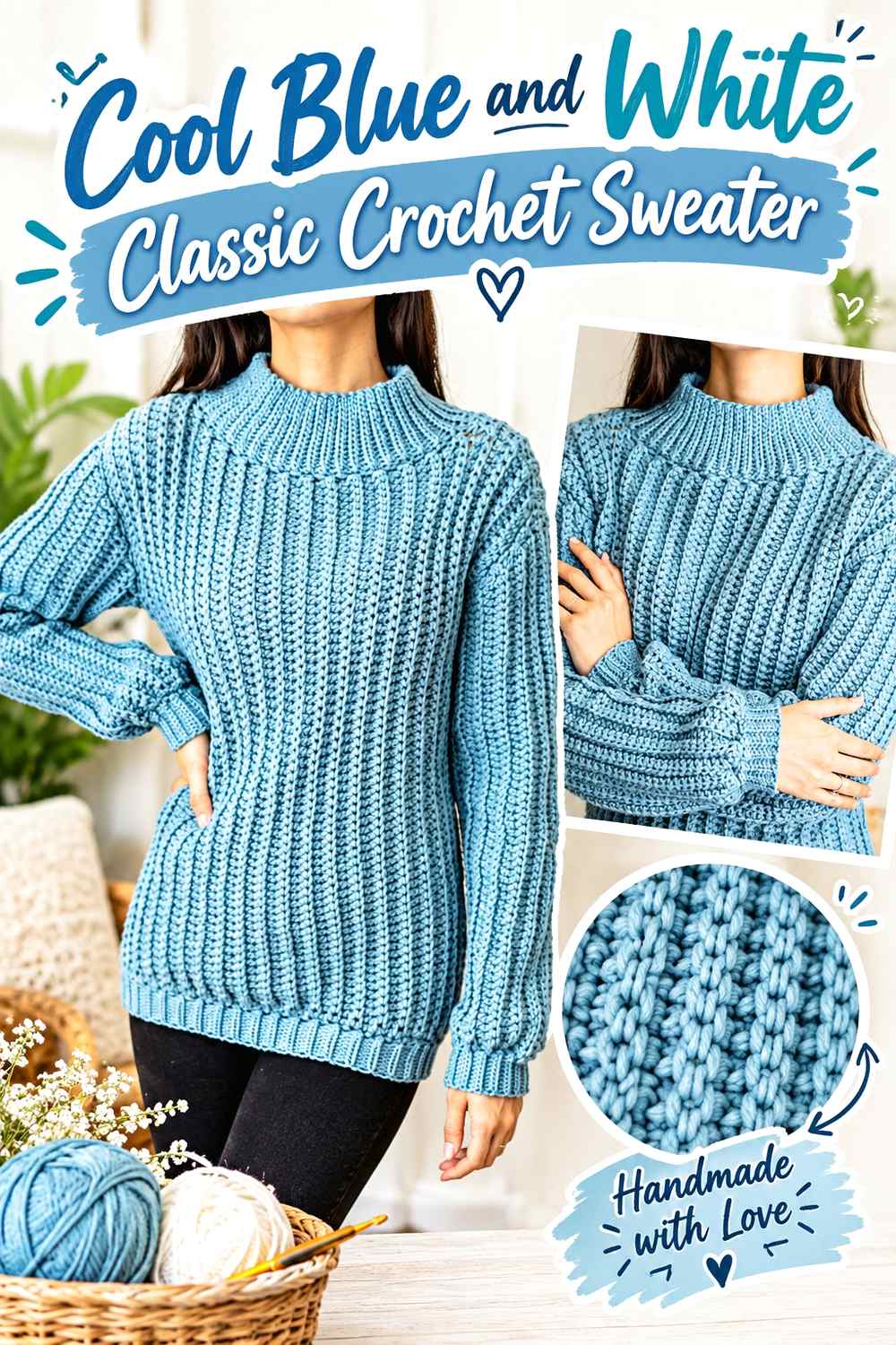 1. Cool Blue And White Classic Crochet Sweater