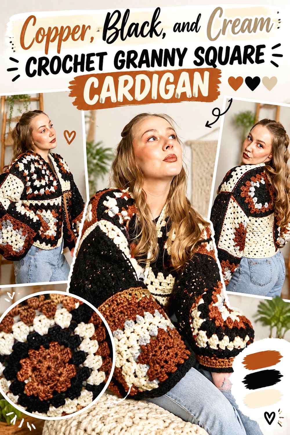 9. Copper Black And Cream Crochet Granny Square Cardigan
