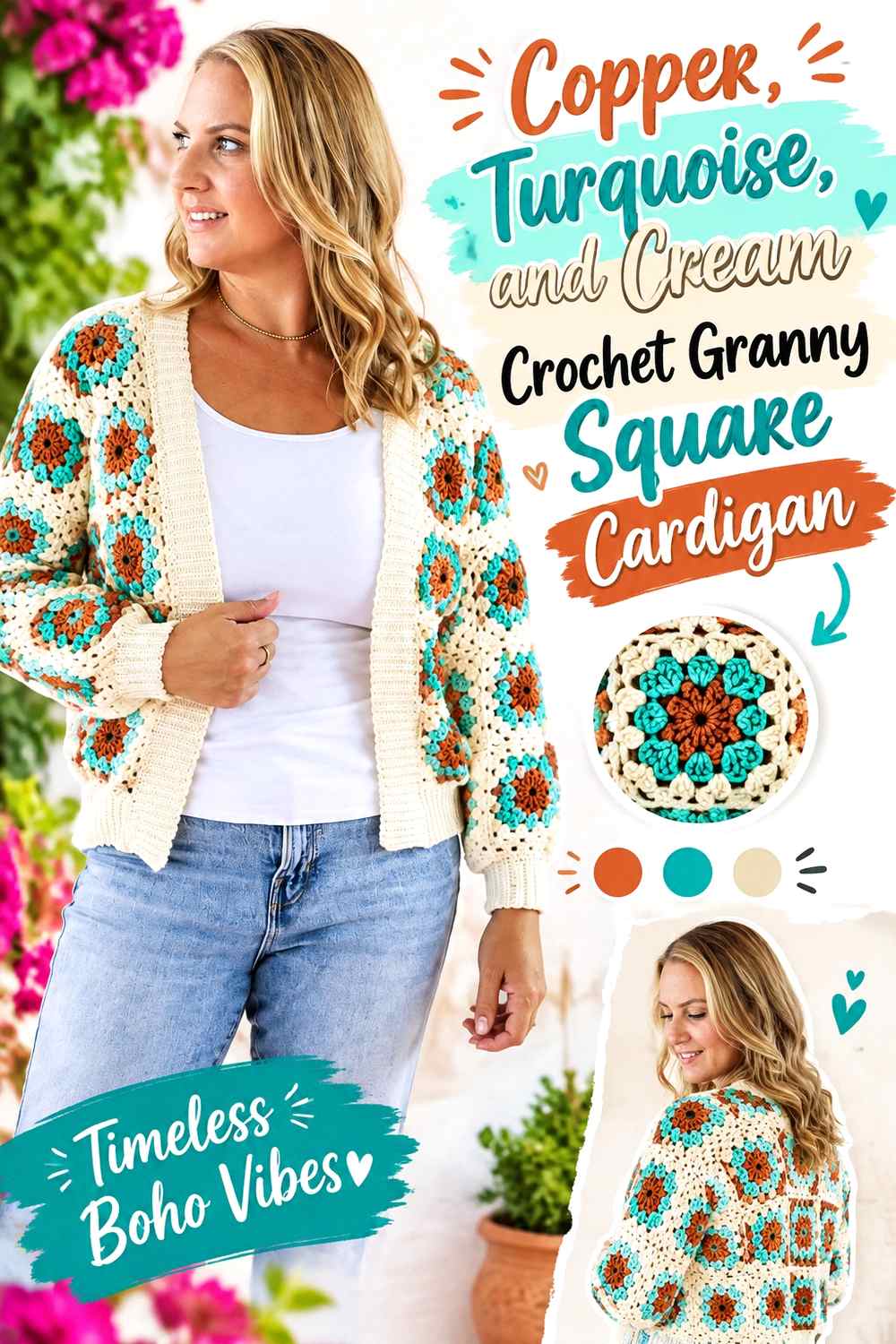 16. Copper Turquoise And Cream Crochet Granny Square Cardigan
