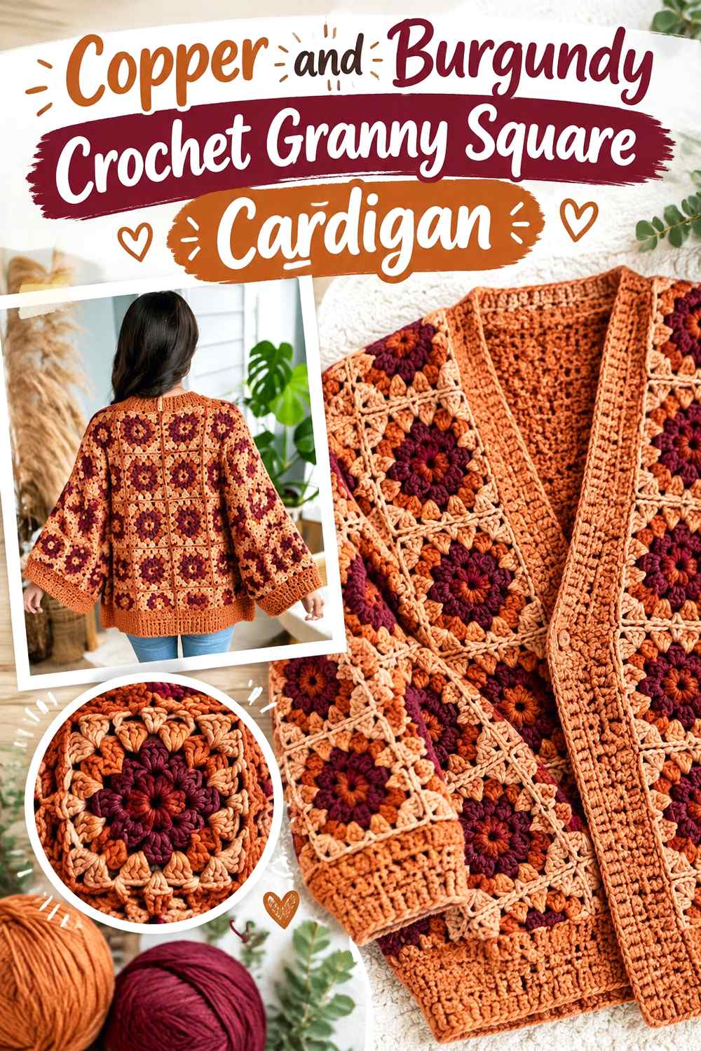 10. Copper And Burgundy Crochet Granny Square Cardigan