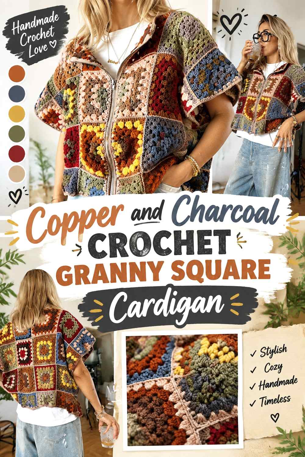 8. Copper And Charcoal Crochet Granny Square Cardigan