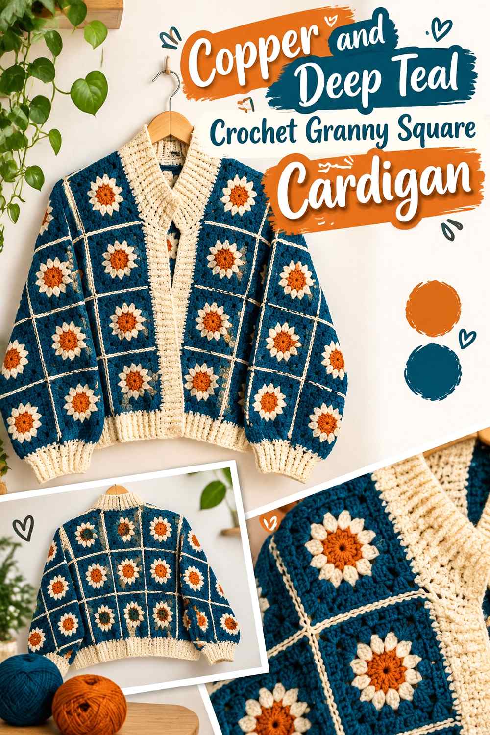 5. Copper And Deep Teal Crochet Granny Square Cardigan