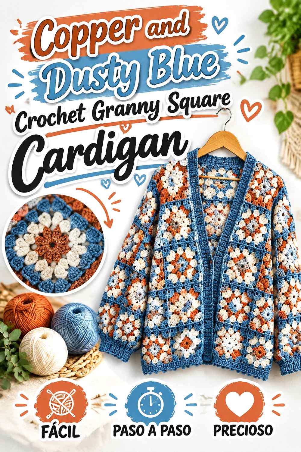 7. Copper And Dusty Blue Crochet Granny Square Cardigan