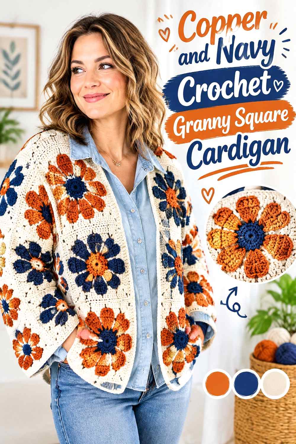 6. Copper And Navy Crochet Granny Square Cardigan