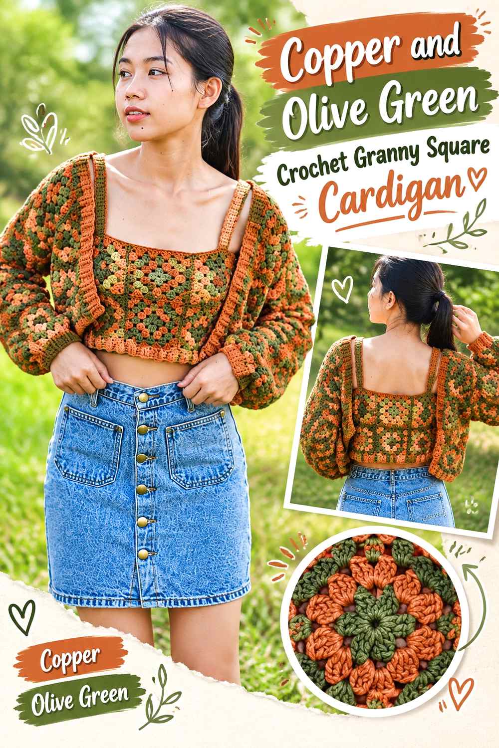 3. Copper And Olive Green Crochet Granny Square Cardigan