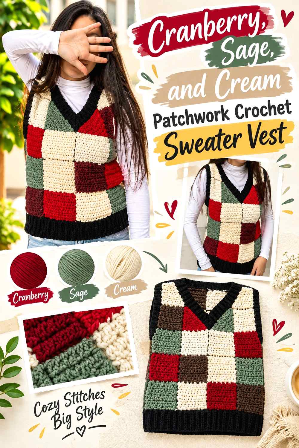 12. Cranberry Sage And Cream Patchwork Crochet Sweater Vest