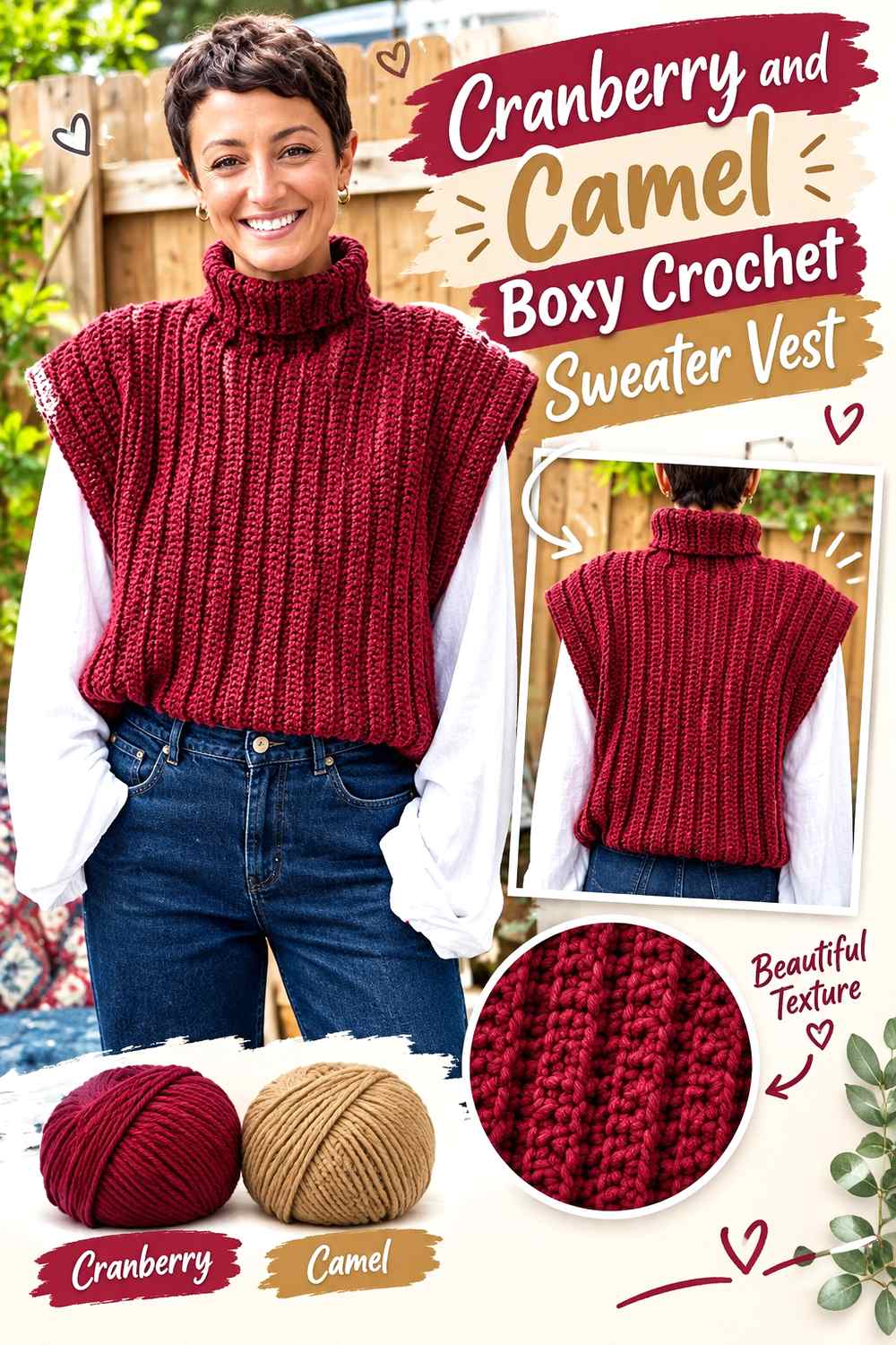 9. Cranberry And Camel Boxy Crochet Sweater Vest
