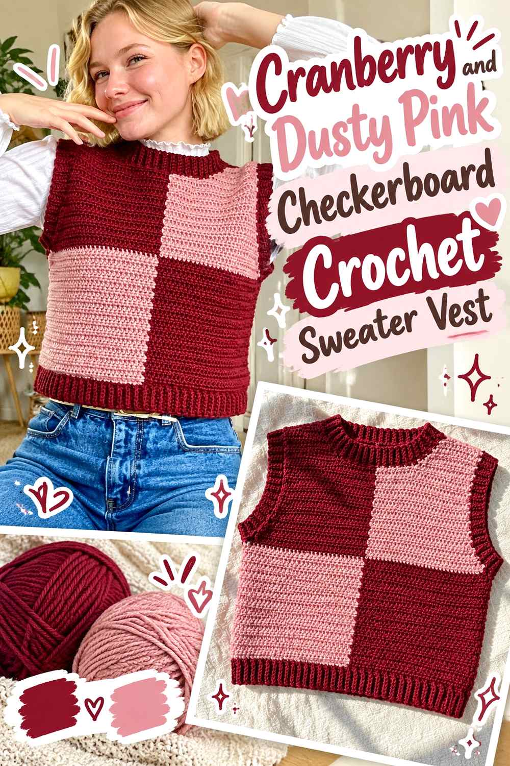 5. Cranberry And Dusty Pink Checkerboard Crochet Sweater Vest