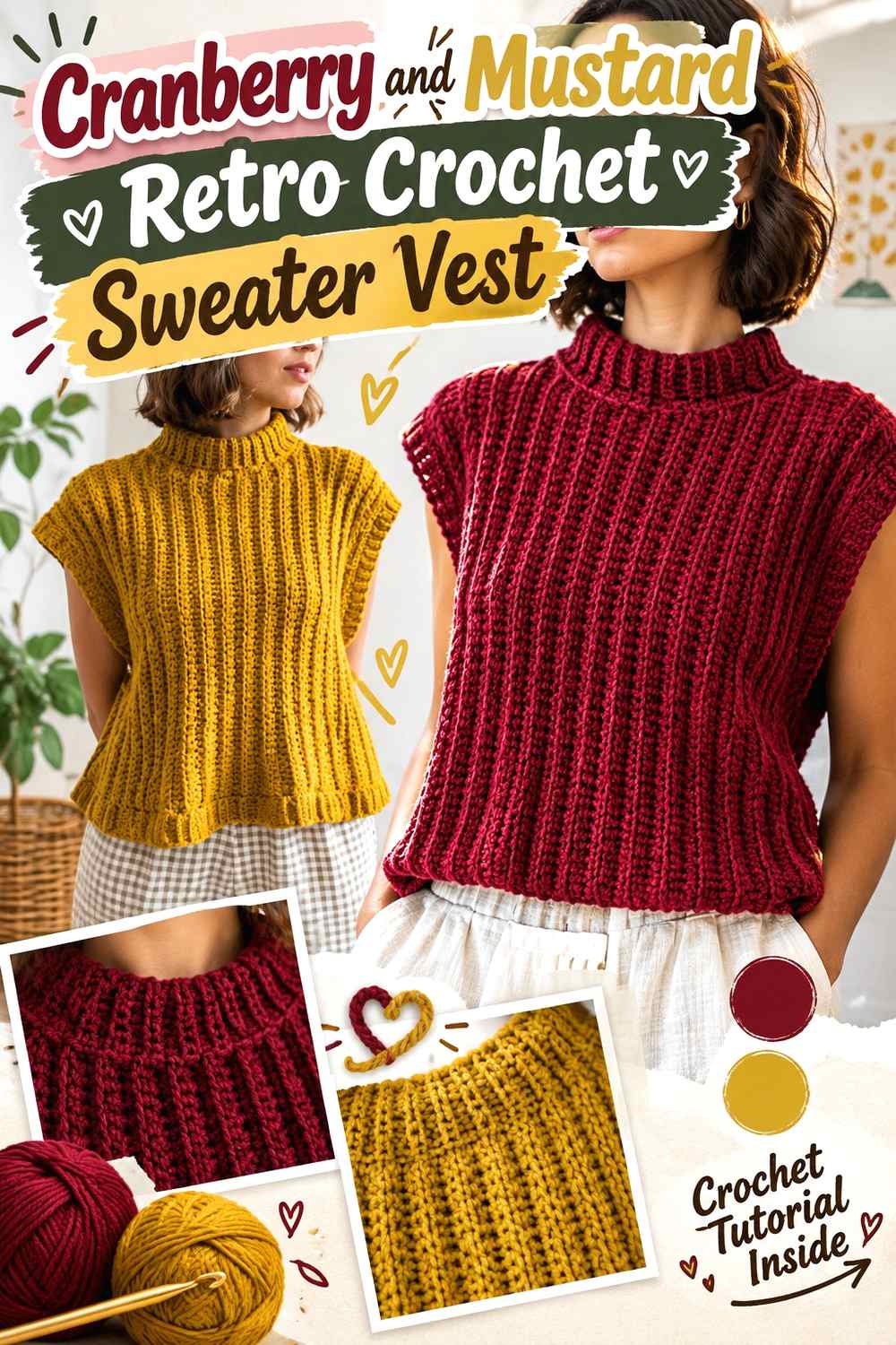 16. Cranberry And Mustard Retro Crochet Sweater Vest