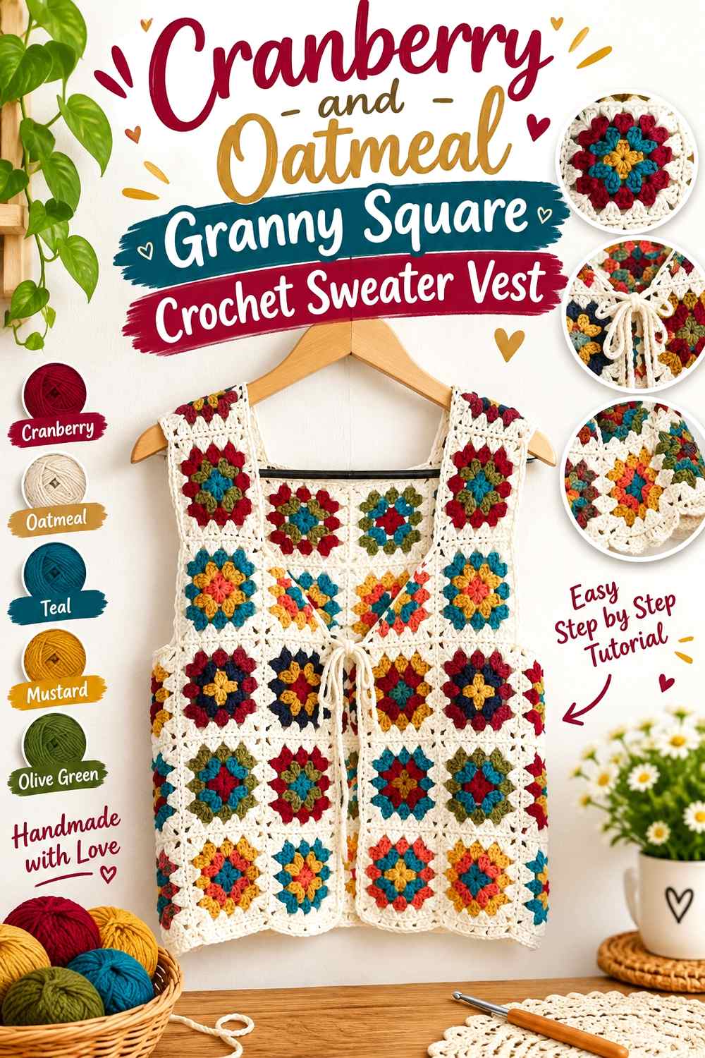 4. Cranberry And Oatmeal Granny Square Crochet Sweater Vest