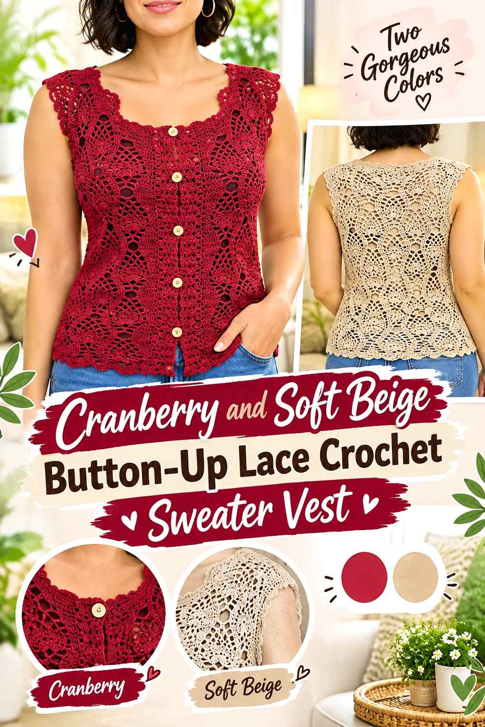 7. Cranberry And Soft Beige Button Up Lace Crochet Sweater Vest