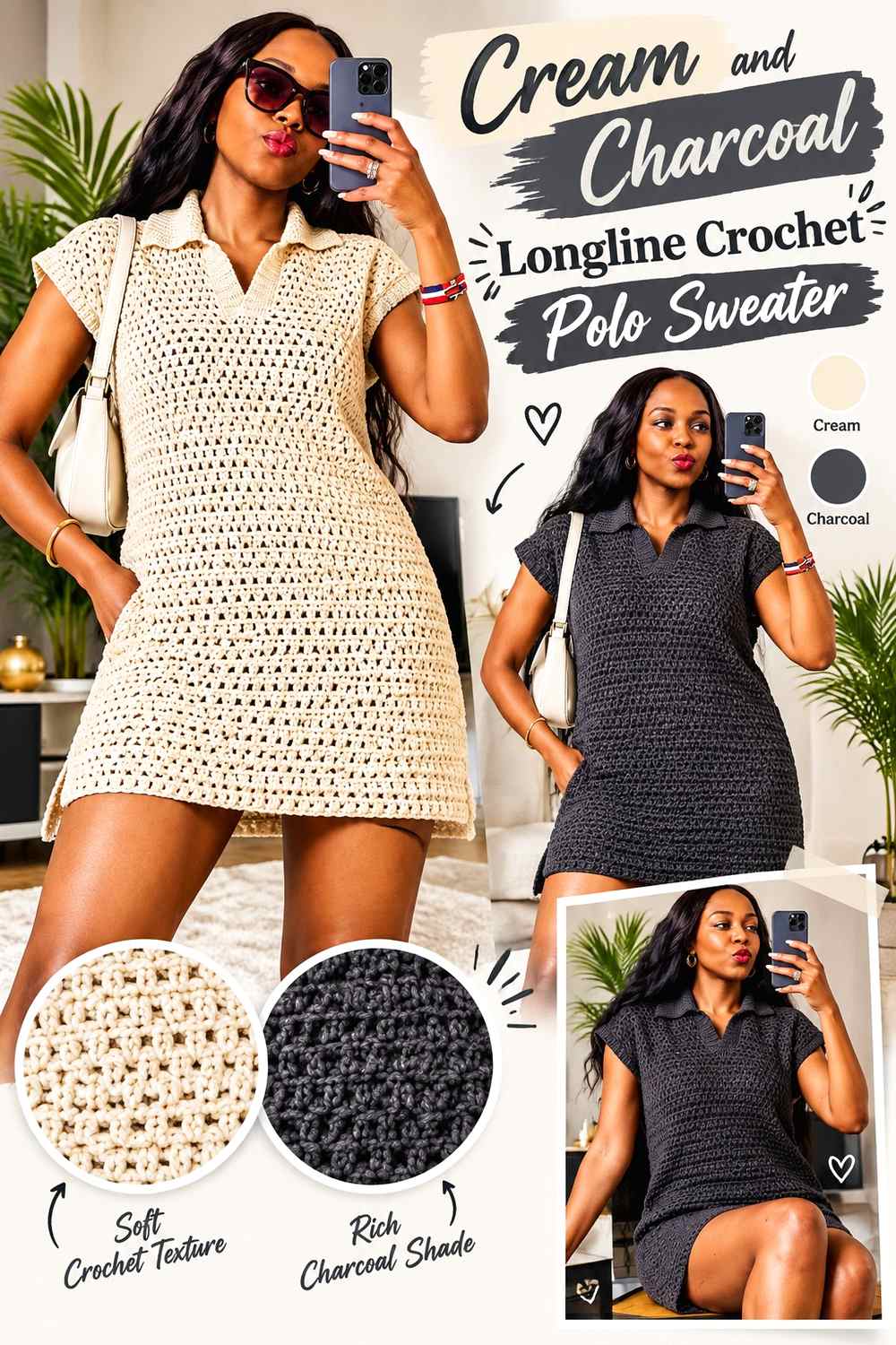 11. Cream And Charcoal Longline Crochet Polo Sweater