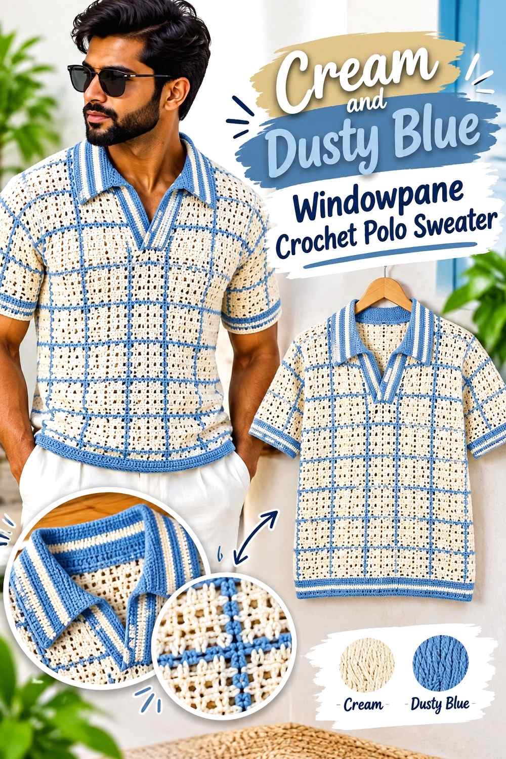 5. Cream And Dusty Blue Windowpane Crochet Polo Sweater