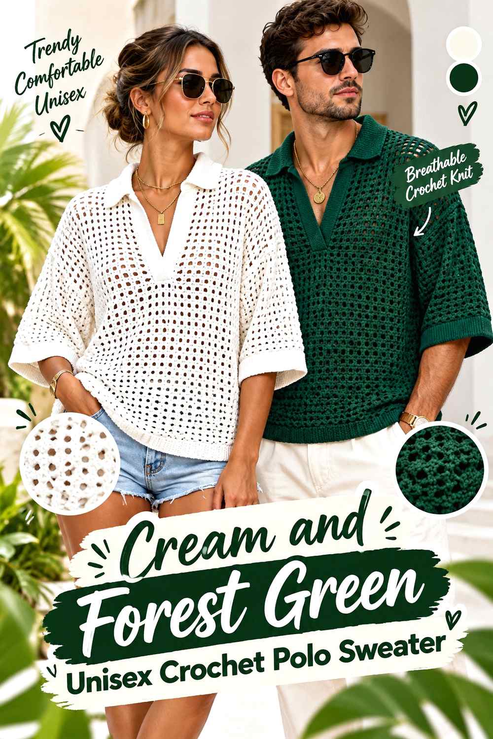 10. Cream And Forest Green Unisex Crochet Polo Sweater