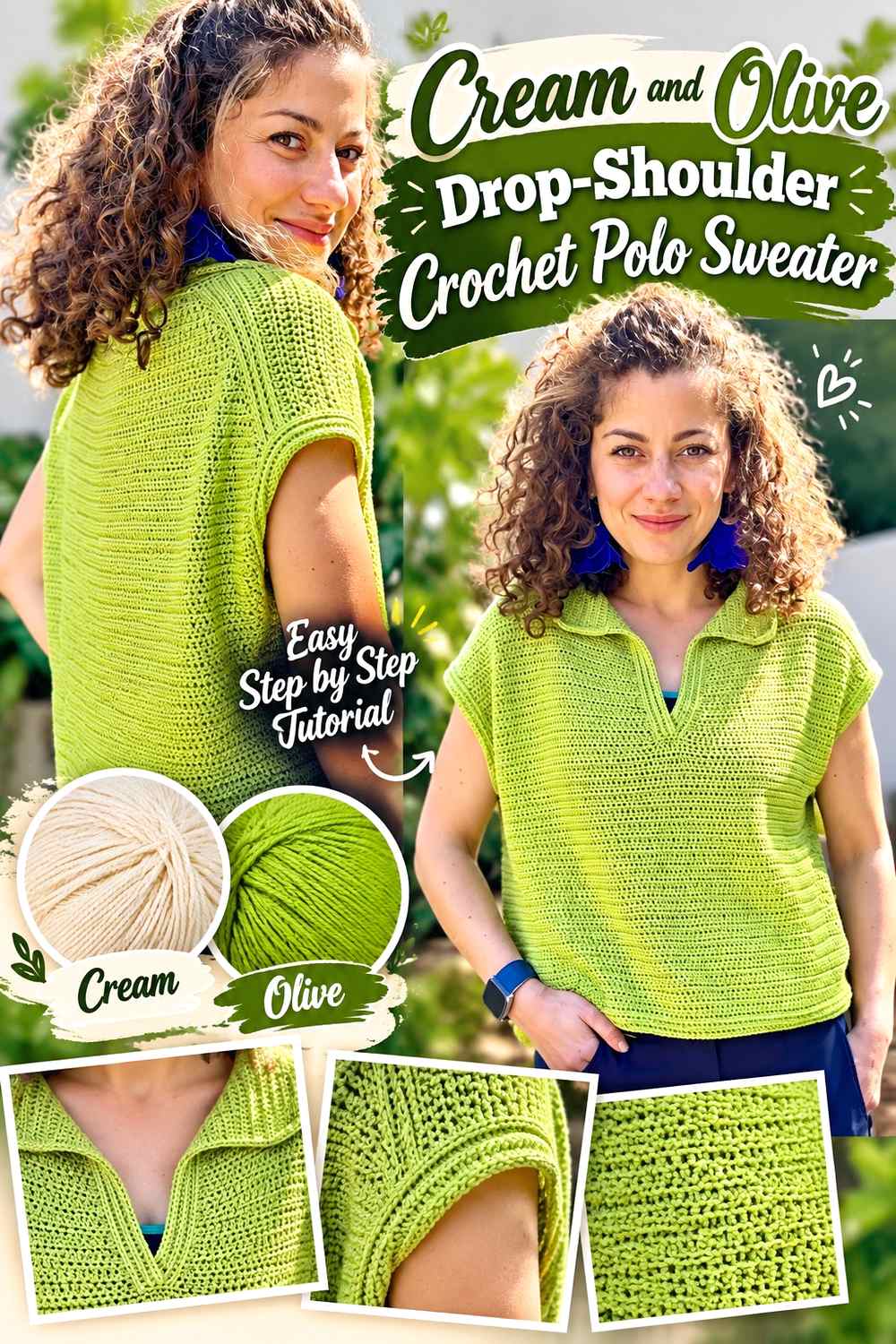 16. Cream And Olive Drop Shoulder Crochet Polo Sweater