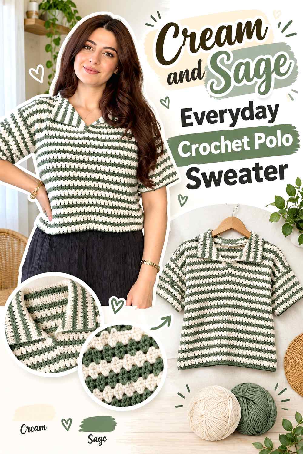 3. Cream And Sage Everyday Crochet Polo Sweater