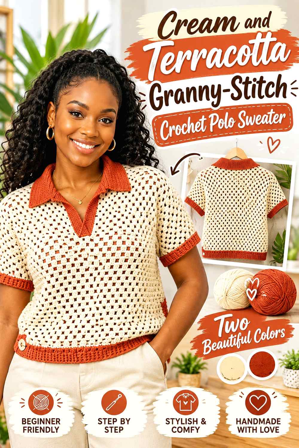 8. Cream And Terracotta Granny Stitch Crochet Polo Sweater