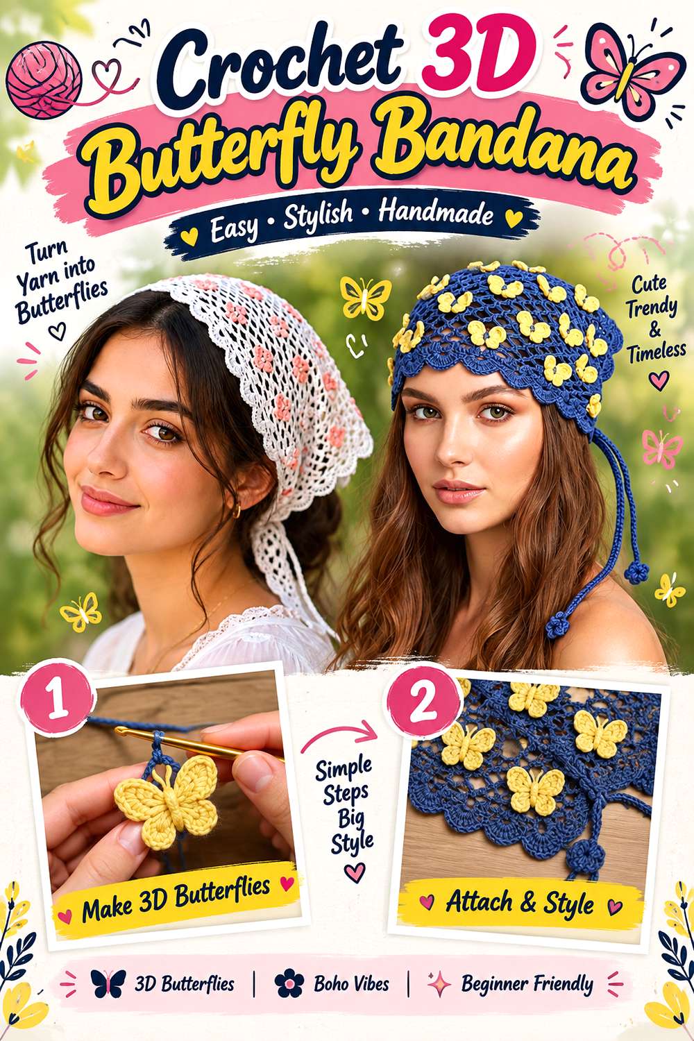 Crochet 3D Butterfly Bandana