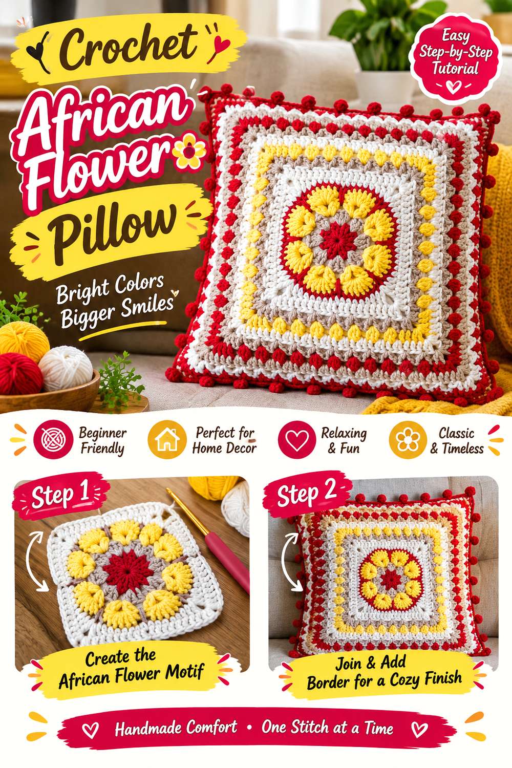 Crochet African Flower Pillow