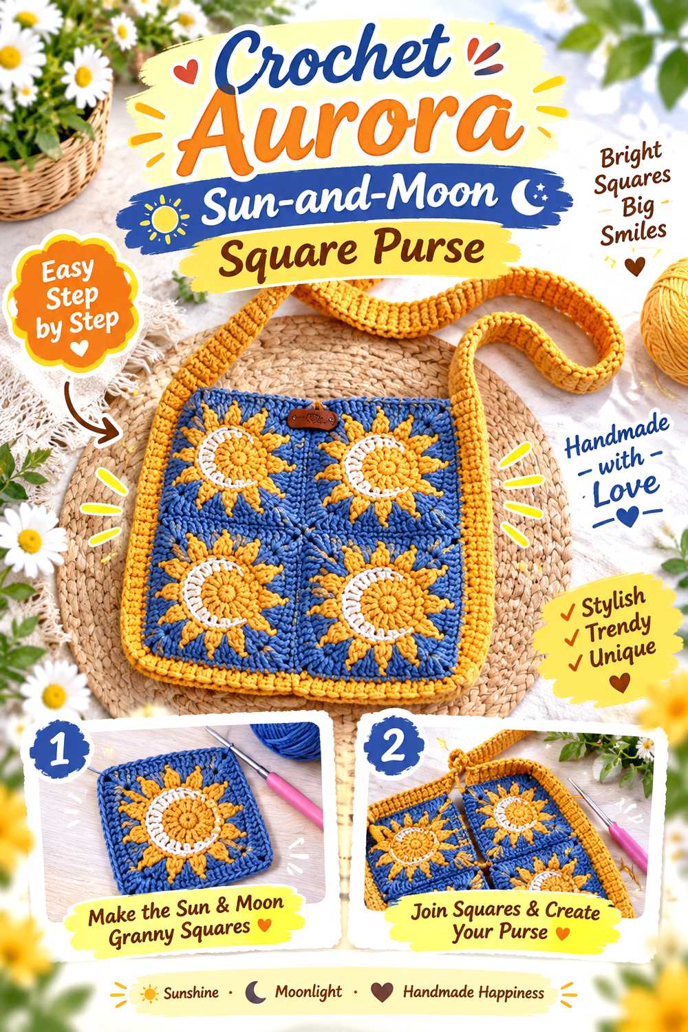 Crochet Aurora Sun and Moon Square Purse